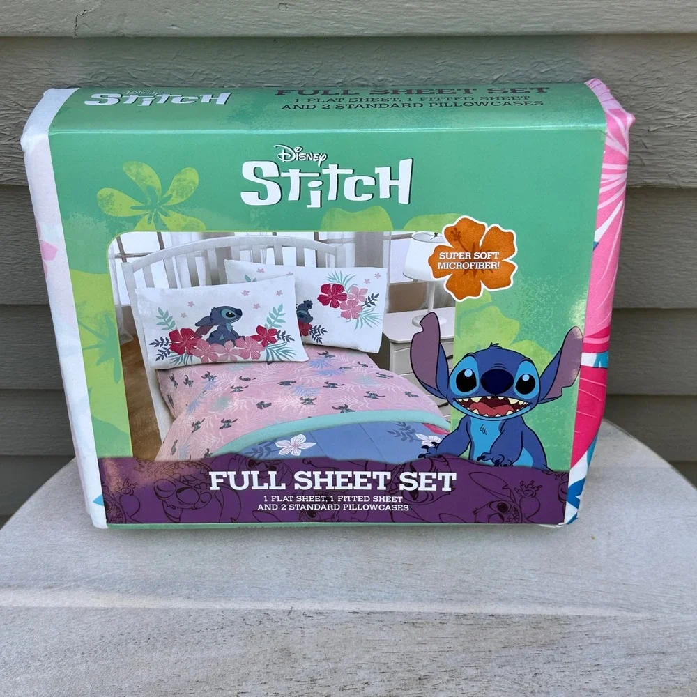 Disney Stitch Full Sheet Set Pink Teal Floral Tropical 4 Piece Microfiber New